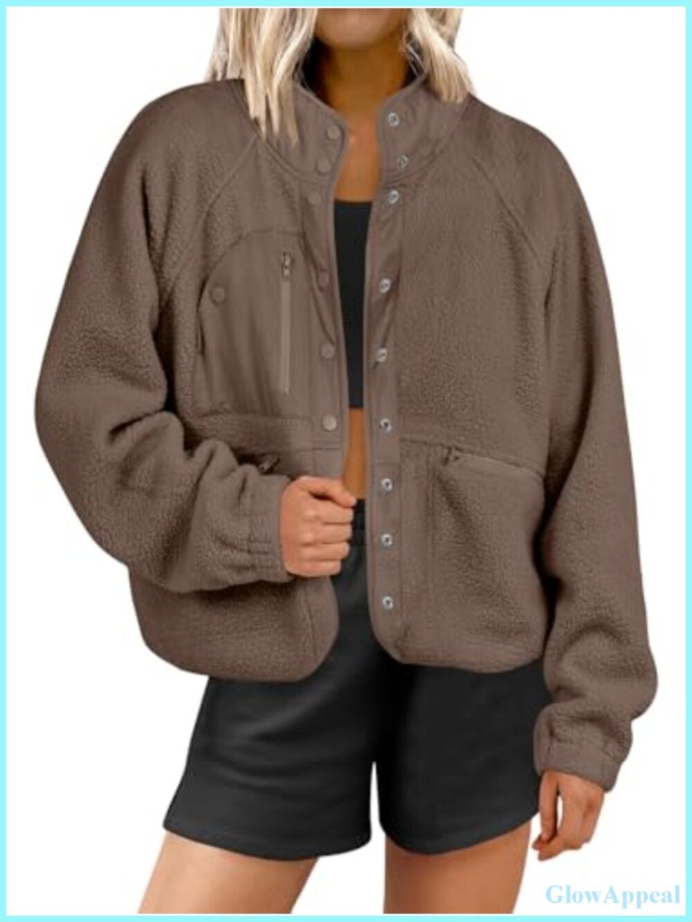 Cropped Fuzzy Fleece Sherpa Jacket Long Sleeve Button Down